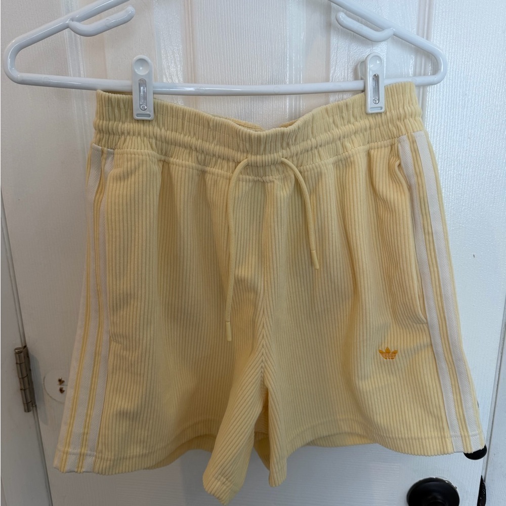 adidas Pale Yellow Ribbed Corduroy Shorts with White Stripes